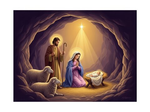 Nativity scene with mary, joseph, and baby jesus in a cave with sheep, a bright star shining above them in the night sky