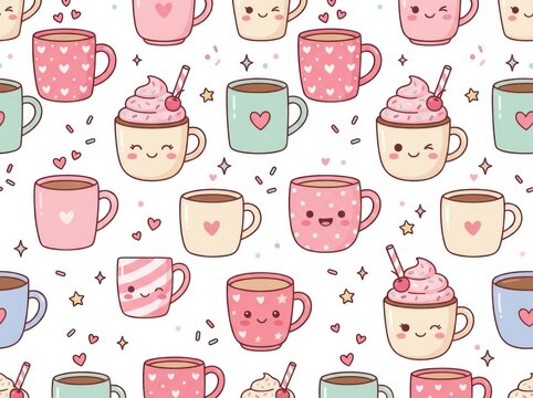 Seamless pattern with cute kawaii coffee cups and whipped cream isolated on white background