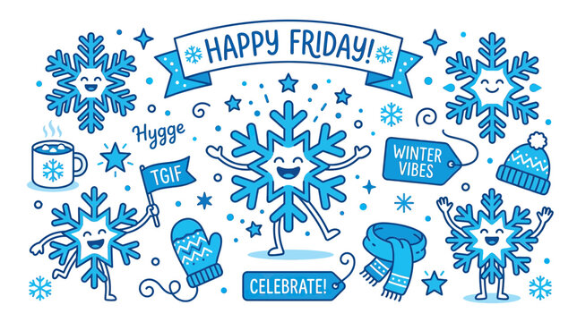 Happy Friday Snowflakes Characters Celebration