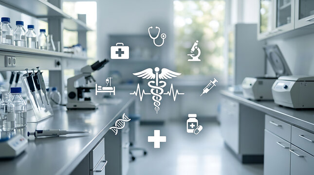 Digital health icons floating over modern laboratory with futuristic medical research holograms