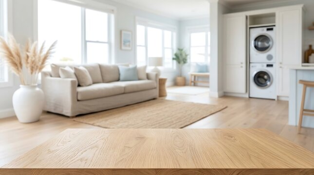 Wooden Table Top Mockup in Modern Bright Interior Living Room and Laundry Background for Product Display Presentation