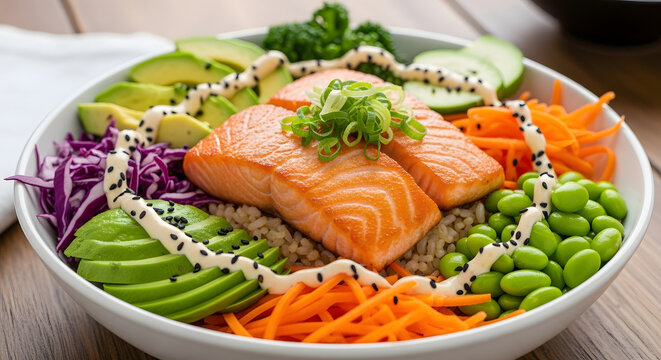 Fresh salmon poke bowl with avocado and edamame is served for lunch.