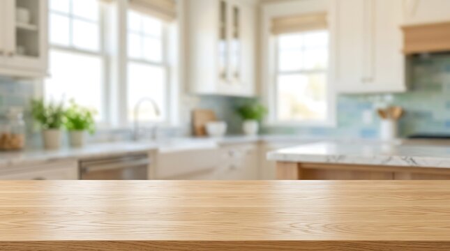 Empty Wooden Tabletop with Blurred Modern Kitchen Interior Background for Product Placement Mockup Design Advertising