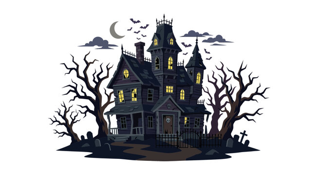 Horror spooky haunted house vector illustration set. Scary gothic mansion within dead trees cemetery landscape. Halloween graveyard with bats, moon, clouds and fog.