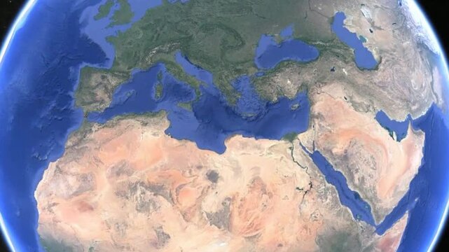Video of rotating of planet Earth in space. Fragment of gibraltar on geographical world map.