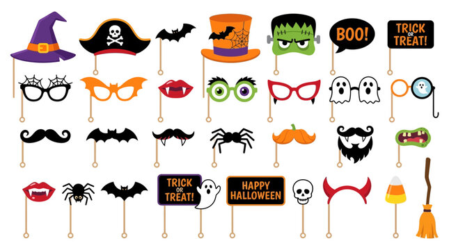 Cute Halloween Props Set on Sticks. Vector Collection of Party Photo Booth Accessories, Witch Hat, Bat, Ghost, Mustache, Face Paint, Magic Wand and Sayings
