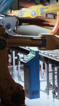 Two robotic arms operate on an assembly line in a factory. They are performing tasks to assemble parts while sparks fly. This scene shows automated manufacturing in action.