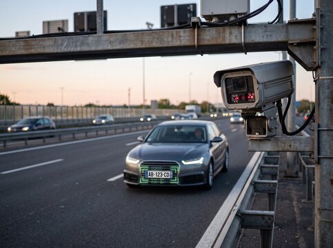 Automated License Plate Recognition Camera Scanning Car on Expressway Gantry