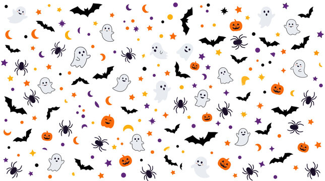 Halloween seamless pattern, ghosts bats spiders pumpkins, spooky autumn background, cartoon vector illustration, orange purple white, cute scary kids party decor