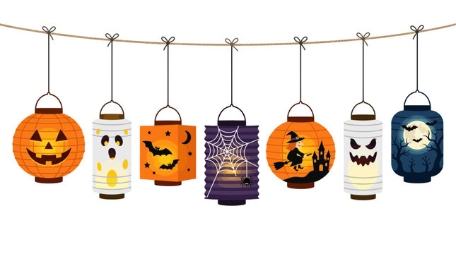 Halloween Lanterns Hanging String Lights Decoration Set, 25 Spooky Party Elements, Vector Illustration, Scarfs And Flags