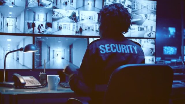 Woman security guard diligently monitoring multiple surveillance camera screens in a control room, ensuring safety and overseeing real-time activities.