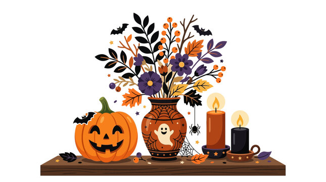 Spooky Halloween shelf decoration with carved pumpkin, ghost vase, and autumn leaves. Cute holiday still life composition