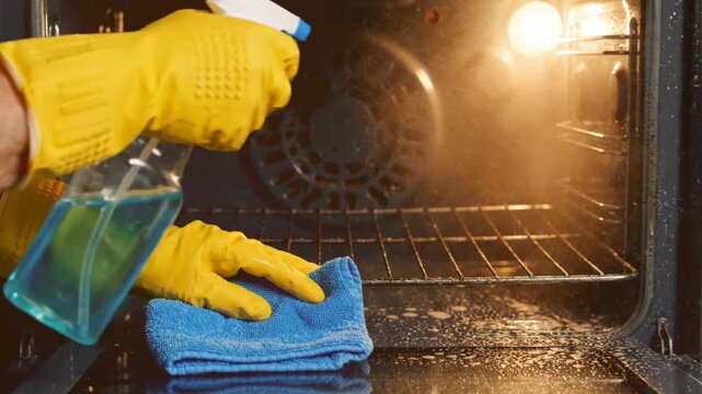 Person in yellow gloves cleaning oven interior with spray and cloth, close-up shot demonstrating a thorough cleaning process.