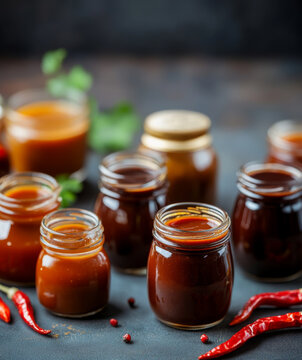 Variety of glass jars with hot pepper sauces, ideal for culinary-themed background