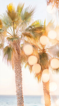Palm tree leaves with bokeh lights, perfect for tropical holiday background
