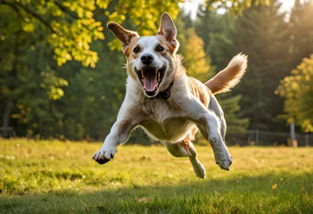 Naklejka premium Happy dog jumping and running with open mouth in a sunny green park, pet care and outdoor activity concept, the playful canine exhibits joy and excitement during outdoor activity