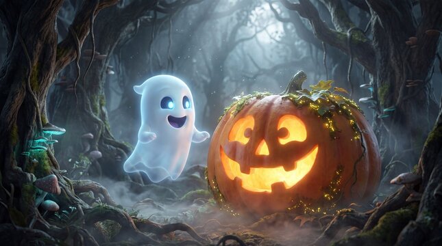 Two smiling cute ghosts float playfully beside a glowing carved jack o lantern in the forest