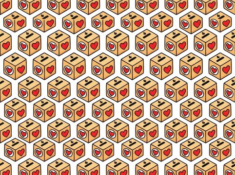Seamless pattern with isometric donation boxes with hearts