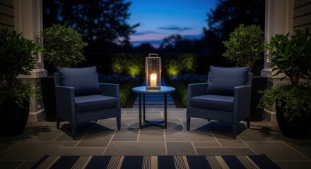 Obraz premium Elegant Outdoor Patio Seating Arrangement With Lantern At Dusk