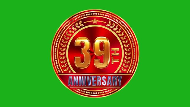 Glowing 39th anniversary golden mark with rich red brushed metal texture and dynamic light reflections 4k video