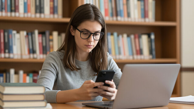 A young female student using a smartphone in a library. She is typing a message while sitting at a desk with a laptop and stack of book