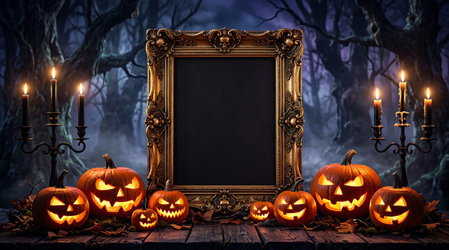 Spooky halloween mirror frame with glowing jack o lanterns