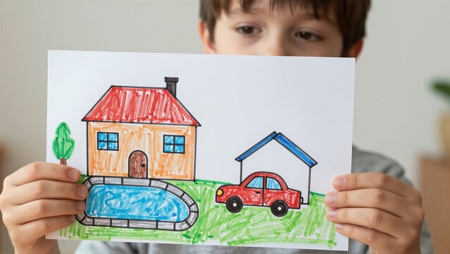 Child holding a colorful house drawing. A boy shows his creative artwork depicting a home, a car, and a swimming pool