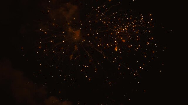 Golden and red fireworks exploding in dark night sky