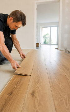Trabajo de instalaci&oacute;n de piso de madera en una casa en construcci&oacute;n
