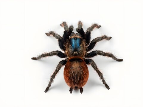 Close-up of venomous black and brown tarantula spider isolated on white background