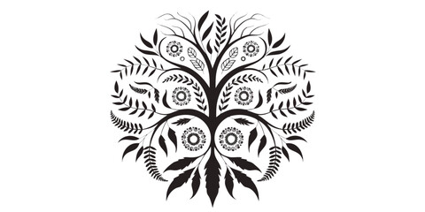 Fototapeta premium Intricate black and white botanical tree with symmetrical branches and leaves botanical black and white