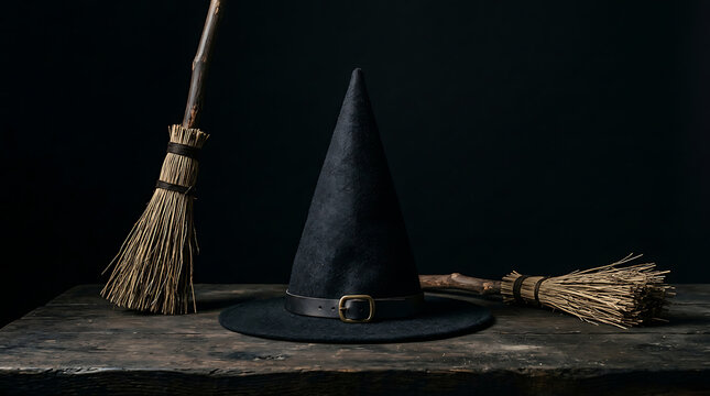 Black witch hat and broomsticks on wooden table