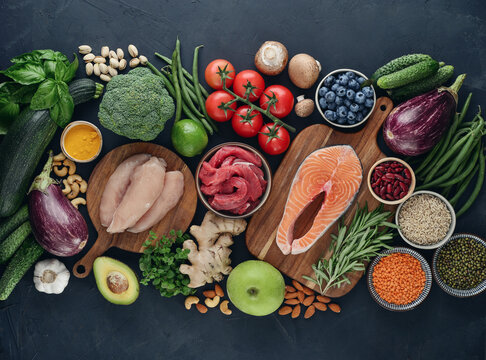 Top view of raw whole foods for Mediterranean diet, clean eating and nutritious meal planning.