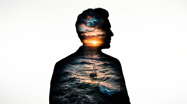 Man silhouette contains a double exposure artwork of an ocean sunset with a sailboat.