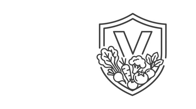 World Vitamin Day Concept with V Shield and Fresh Organic Vegetables in Minimalist Line Art Style