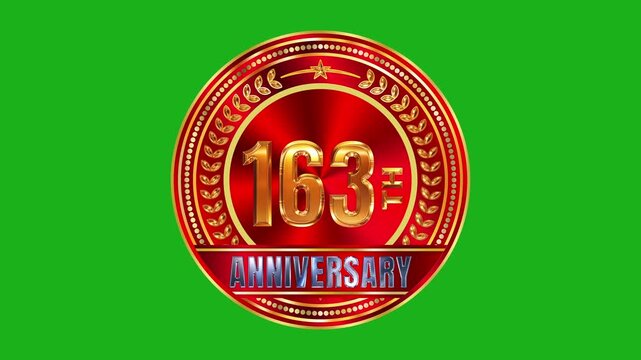 Vibrant 163rd anniversary gold badge over dark red brushed metal layer under soft circular lighting 4k video