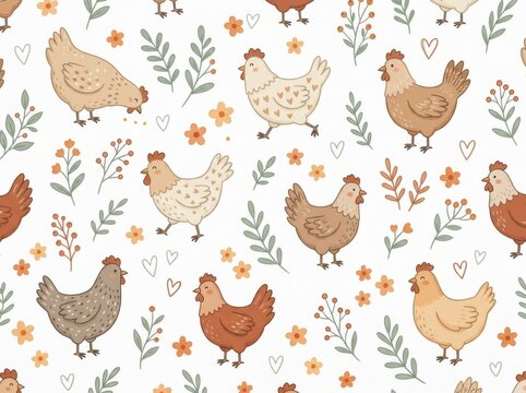 Seamless pattern with cute chickens, flowers, and hearts isolated on white background
