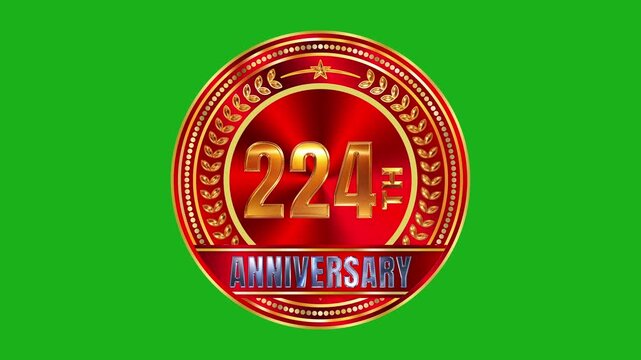 Reflective 224th anniversary golden mark crafted over deep red metallic texture plate with highlight studio lighting 4k video