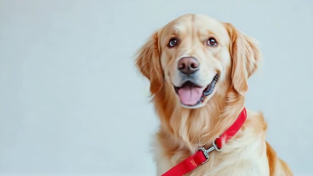 A cheerful yellow lab with a red collar and leash looking at the camera.