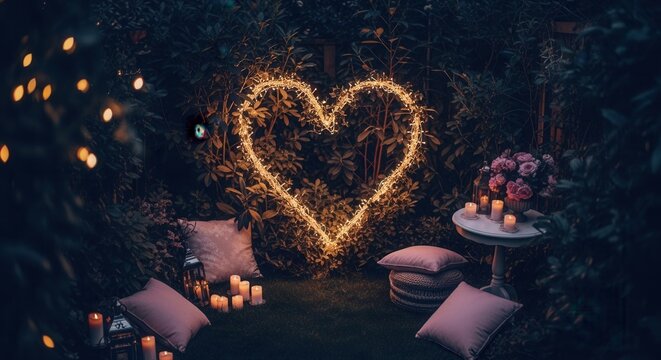 Enchanting Garden Ambiance With Heart Shaped Lights And Romantic Setting