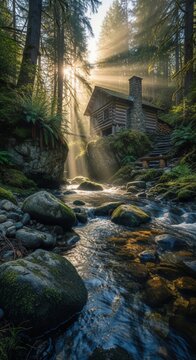 Enchanting Forest Cabin Bathed In Golden Sunlight Rays Over A Babbling Brook