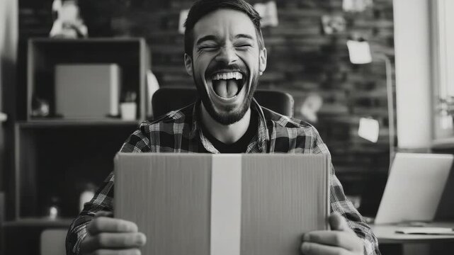 Young professional enjoying surprise parcel received via shipping