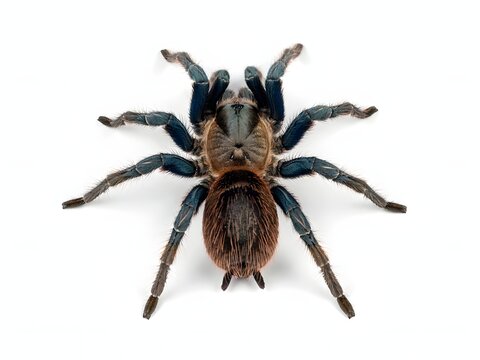 Close-up macro shot of a large hairy brown tarantula spider isolated on white background