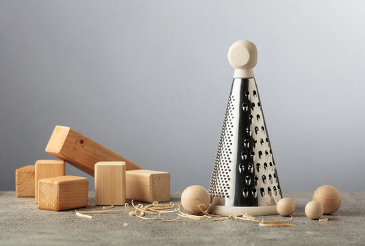 Wooden blocks and finished wooden balls beside a kitchen grater, illustrating pointless work and wasted effort.