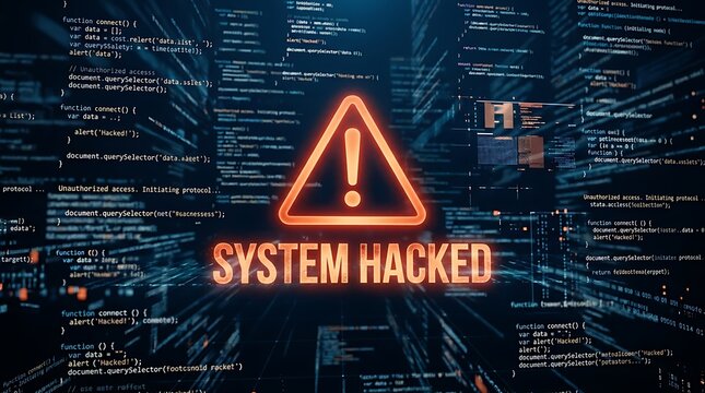 Cybersecurity System Hacked Alert with Warning Sign and Digital Coding Background