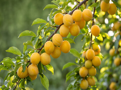 Ripe yellow plums hanging on tree branches in sunny orchard