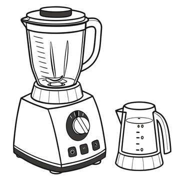 Black and white line art drawing of a kitchen blender and a small measuring cup