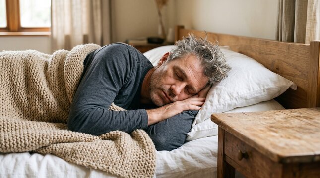Elderly man lying in bed with cold or flu symptoms, resting at home