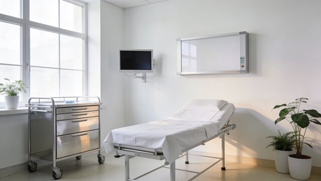 Bright modern hospital examination room featuring adjustable patient bed stainless medical trolley wall mounted monitor illuminated whiteboard large windows indoor plants clean clinical interior heal