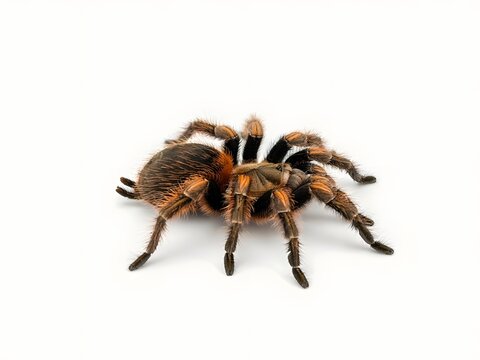 Close-up macro shot of a venomous tarantula spider isolated on white background